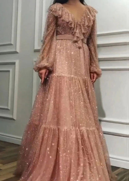 Stylish Pink V Neck Wrinkled Tulle Maxi Dress Spring