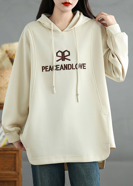 Beige Embroidered Graphic Cotton Sweatshirts Top Spring