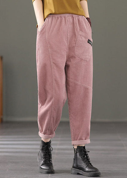 Pink Elastic Waist Pockets Patchwork Corduroy Harem Pants Spring