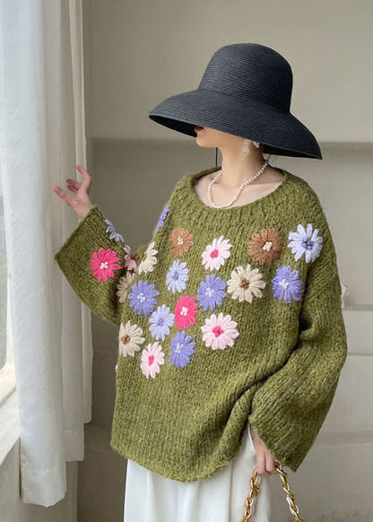 Green Embroideried Knit Sweaters Winter