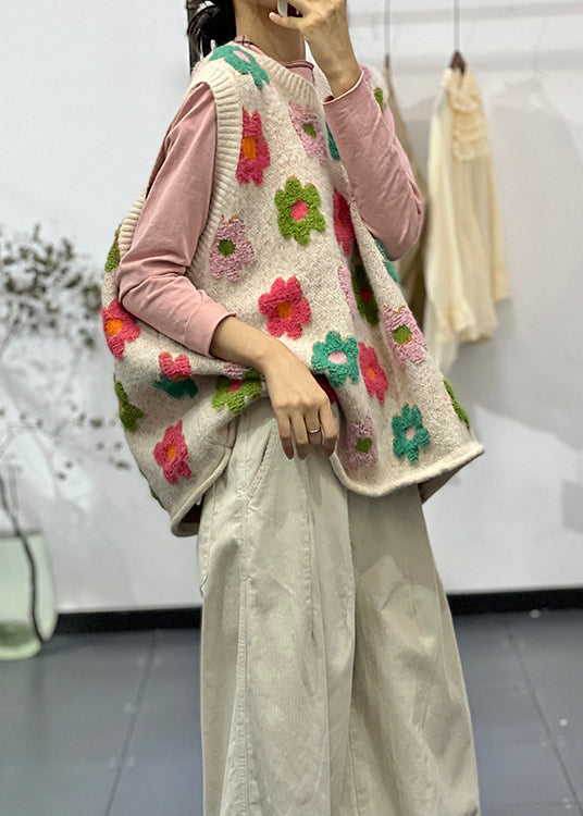 New Apricot O Neck Jacquard Cotton Knit Vest Sleeveless