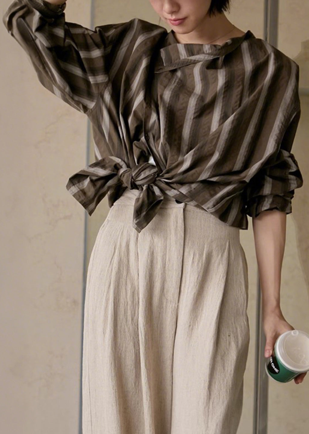 Coffee Striped Button Cotton Blouses Fall
