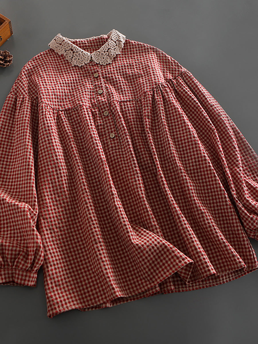 Loose Breasted Lace Plaid Tops