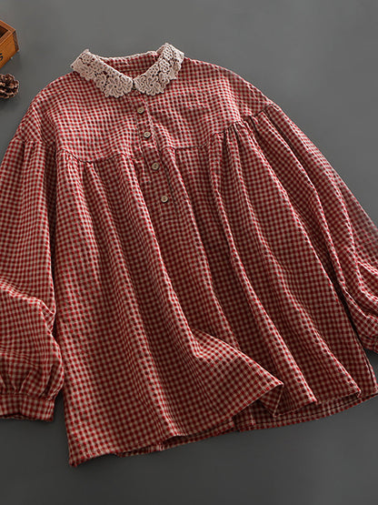 Loose Breasted Lace Plaid Tops