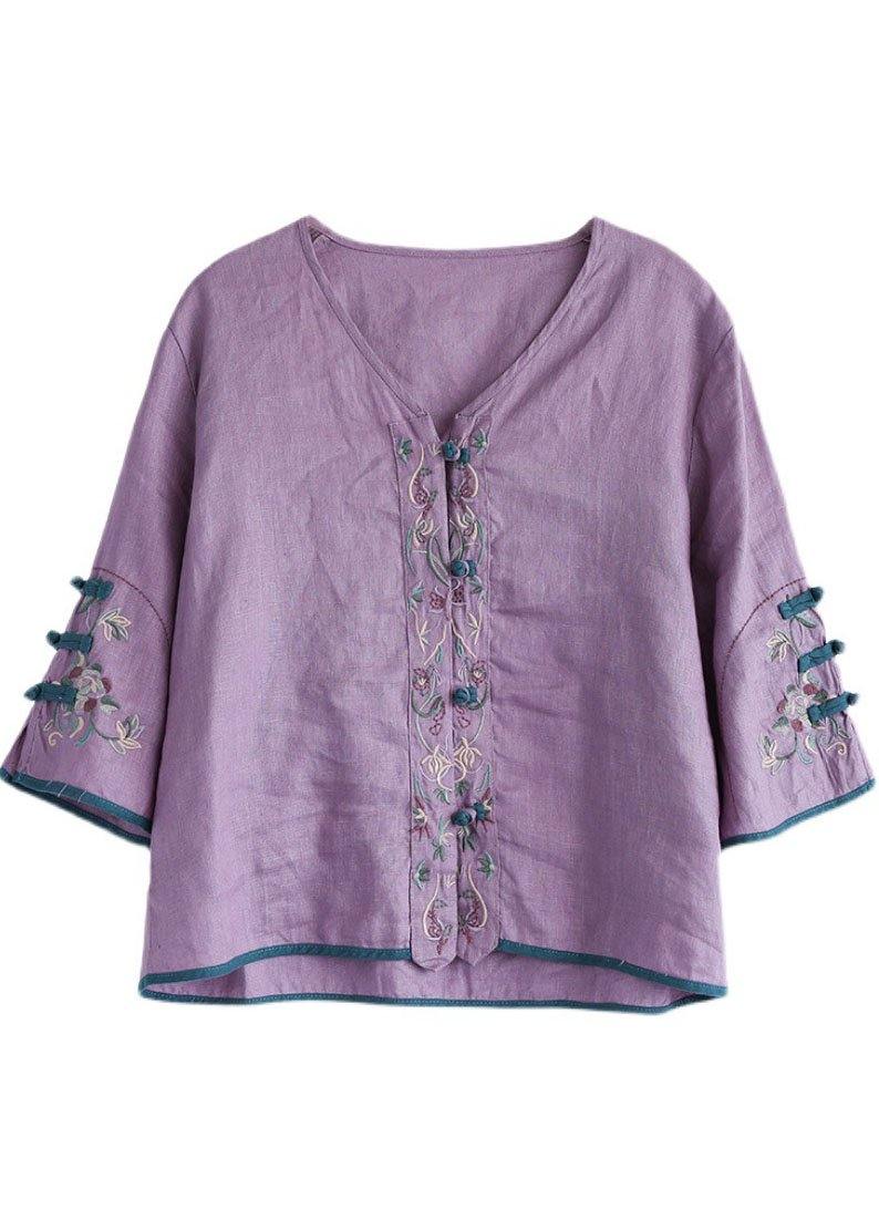 Purple Retro O-neck Oriental Summer Blouses Half Sleeve