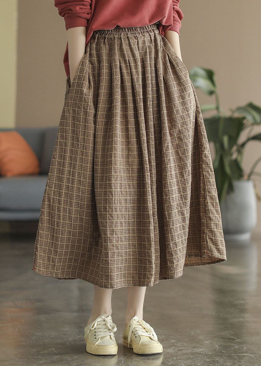 Khaki Elastic Waist Pockets Plaid Cotton a Line Skirts Spring