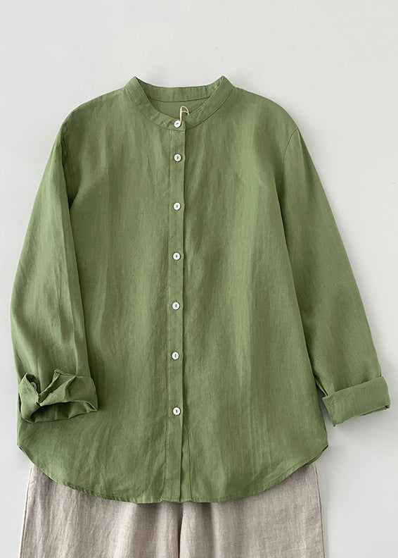 Loose Green O-neck Button Linen Shirts Spring