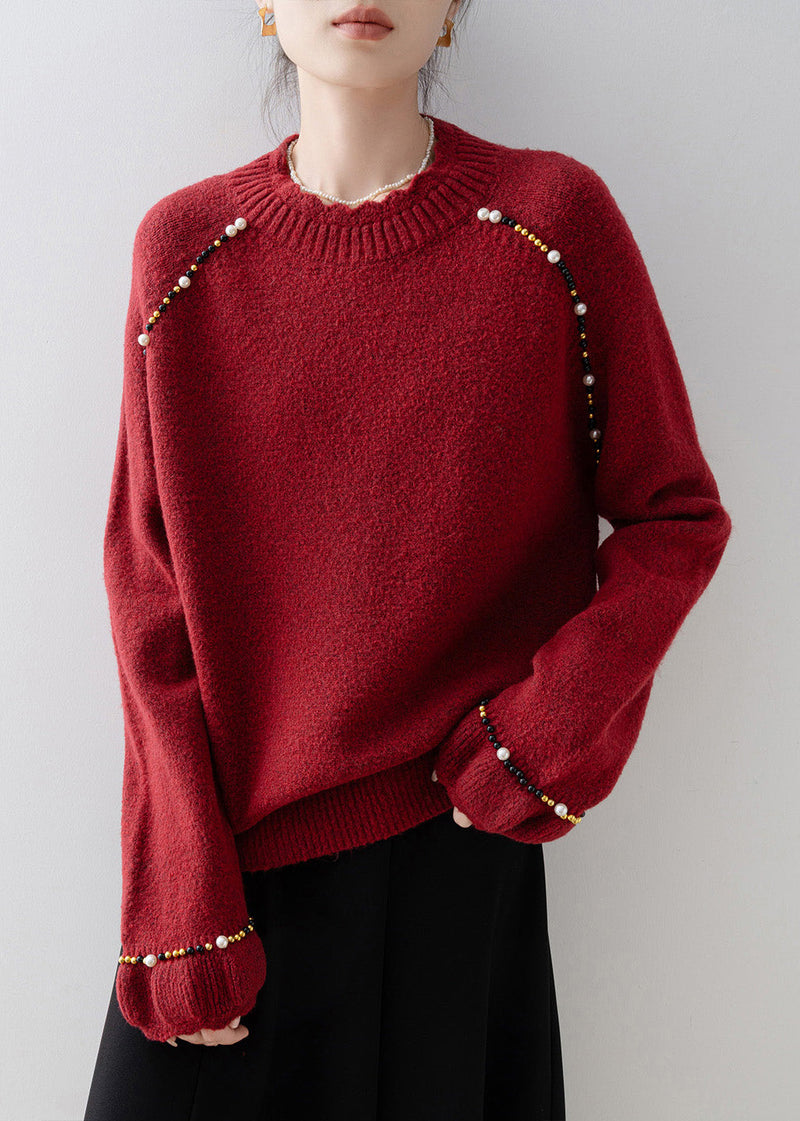 Red O Neck Nail Bead Knit Sweater Spring