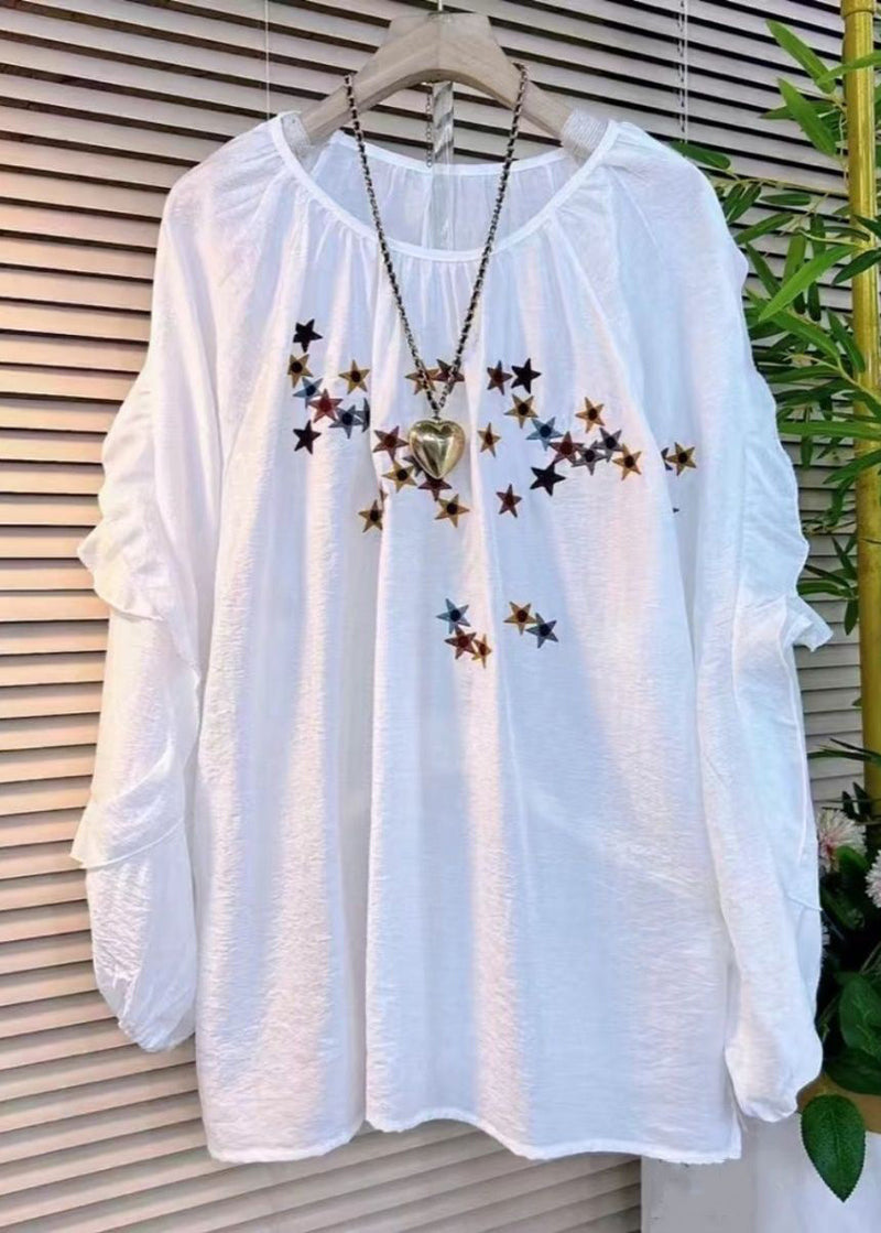 Loose Black Embroidered Ruffled Cotton Tops Long Sleeve
