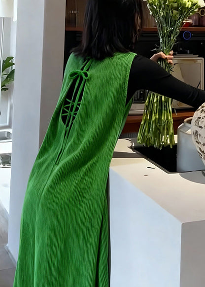 Green Backless Corduroy Long Dresses Sleeveless