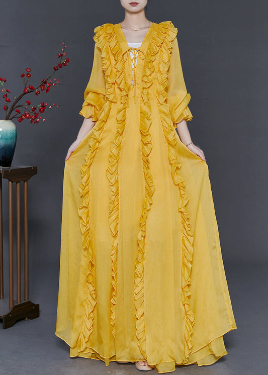 Yellow Ruffled Lace Up Chiffon Full Dresses Fall