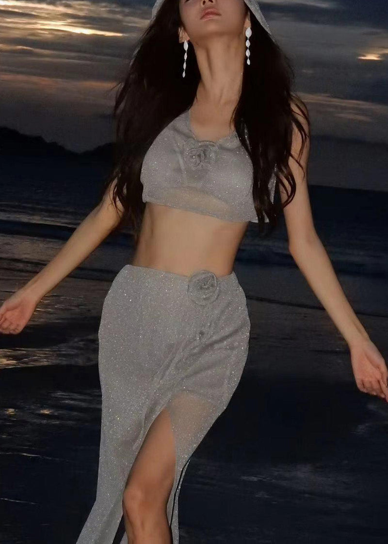 Little Grey Sequins Hooded Top and Maxi Skirts Lingerie Set