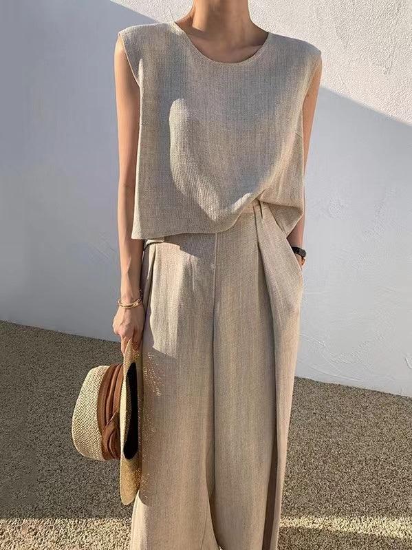 Round Neck Sleeveless Vest Top + High Waist Wide Leg Pants Set