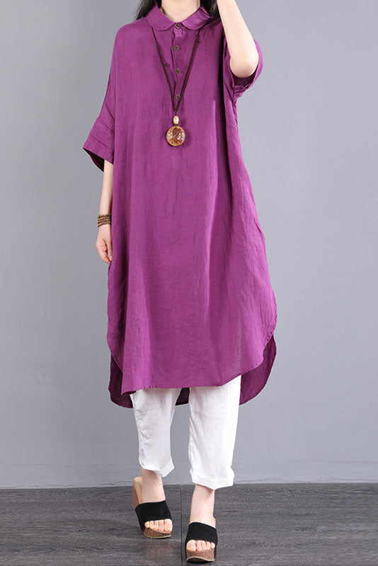 -summer Short-sleeved Long Shirt Color Cotton Linen Dress