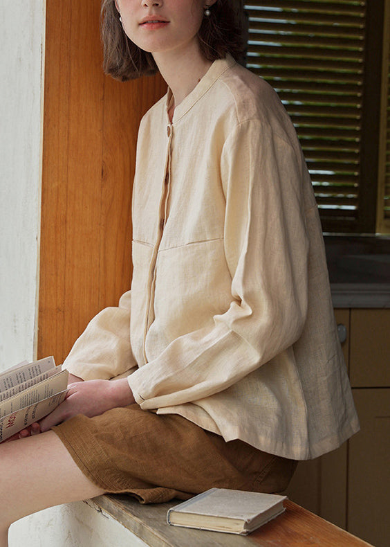 Chinese Style Apricot Stand Collar Linen Shirts Spring