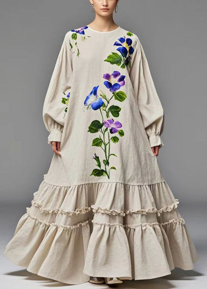 Beige Ruffled Print Cotton Holiday Dress Fall