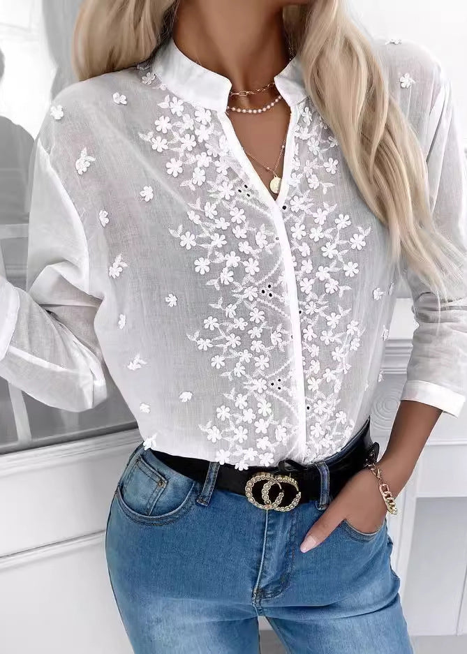 White V Neck Embroidered Cotton Blouse Tops Spring