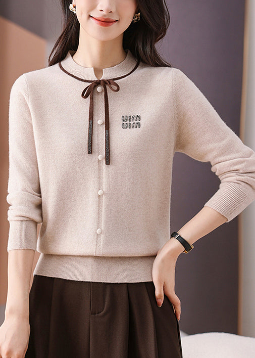 Beige Bow Cozy Woolen Winter Sweater O Neck