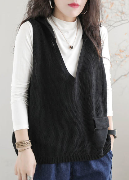 Khaki V Neck Hooded Knit Vest Sleeveless