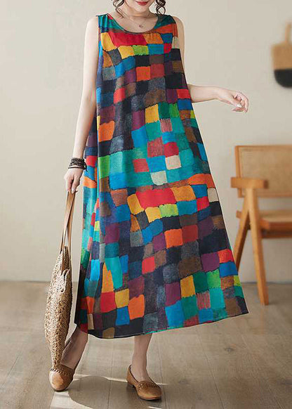 Rainbow Plaid O-neck Maxi Dress Summer