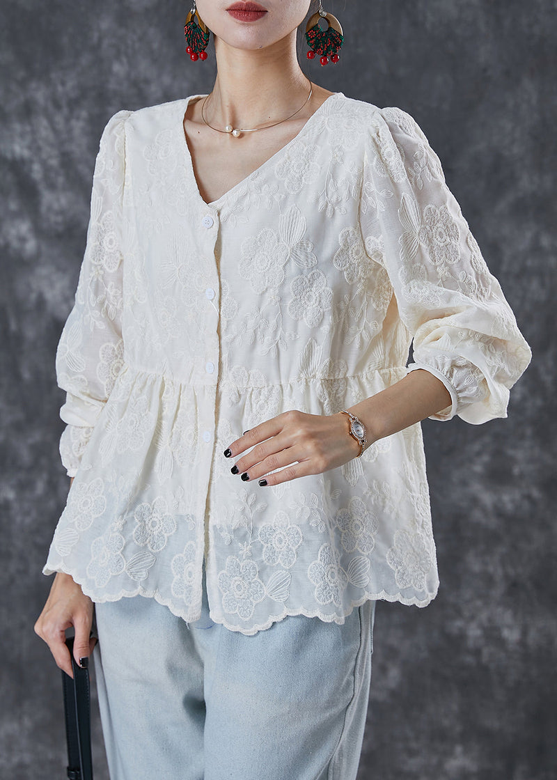 Milk White V Neck Embroidered Cotton Shirt Summer