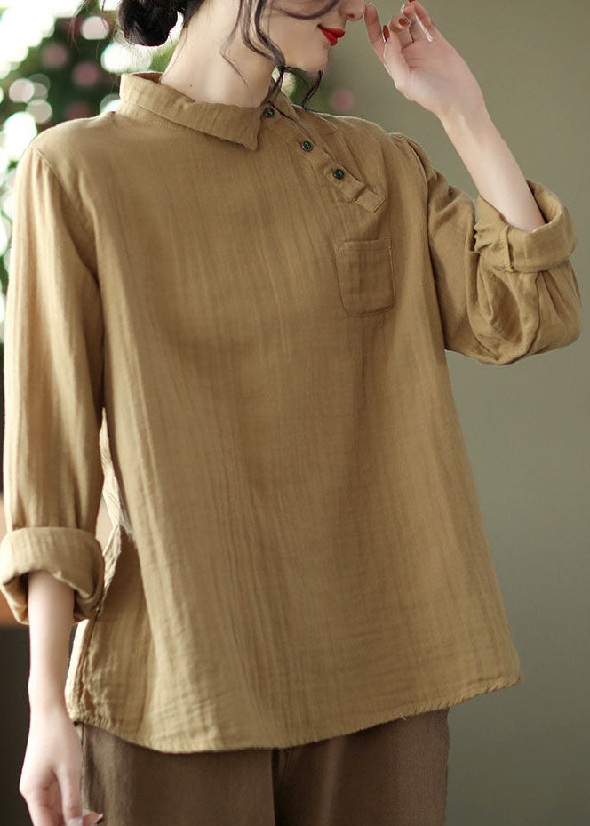 Handmade Khaki Peter Pan Collar Asymmetrical Design Cotton Shirts Long Sleeve