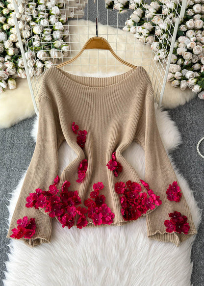 Loose Khaki Patchwork Knit Pullover Sweater Flare Sleeve