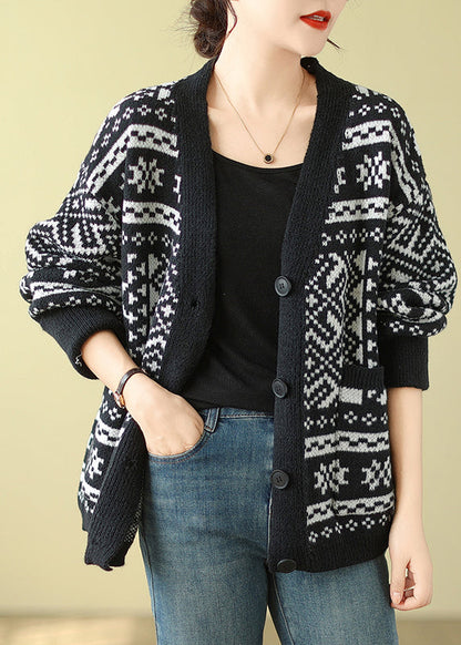 Black Oversized Print Knit Cardigan Spring