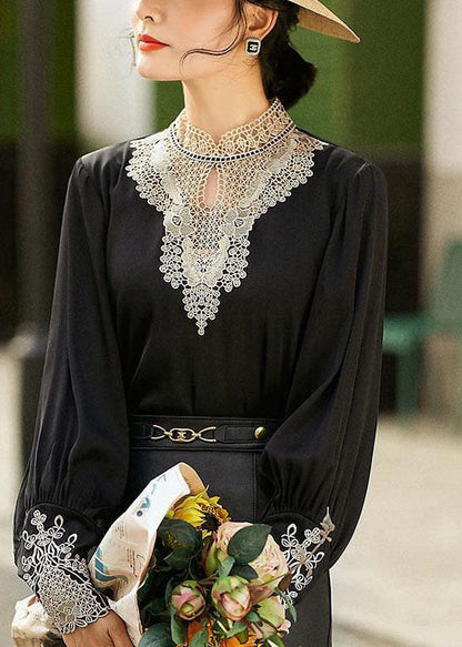 Black Stand Collar Embroidered Hollow Out Chiffon Blouse Tops Long Sleeve
