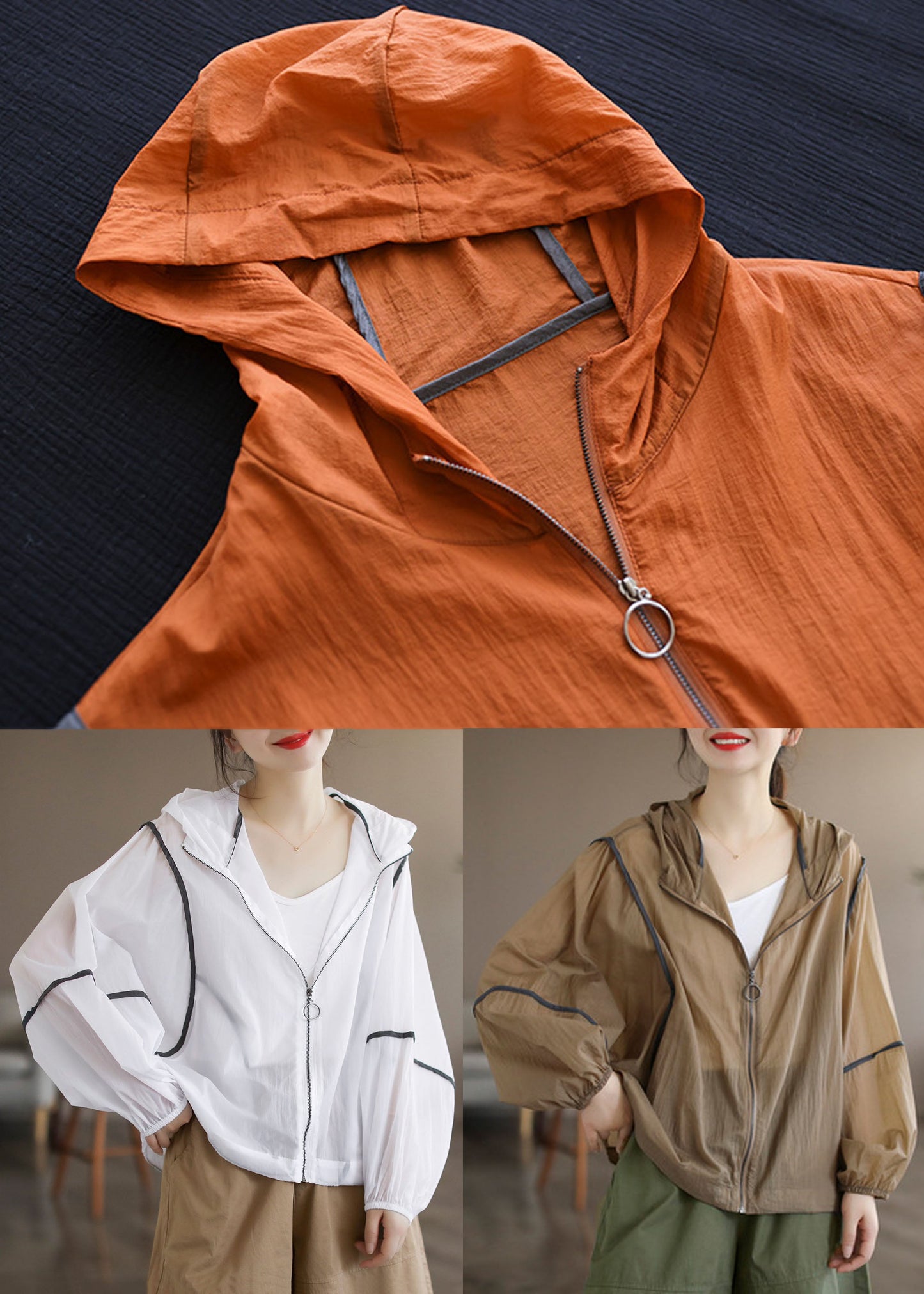 Khaki Patchwork Cotton Upf 50+ Coat Hooded Oversized Long Sleeve