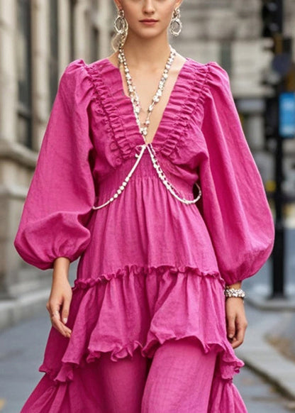 Rose V Neck Ruffled Cotton Ankle Dress Fall