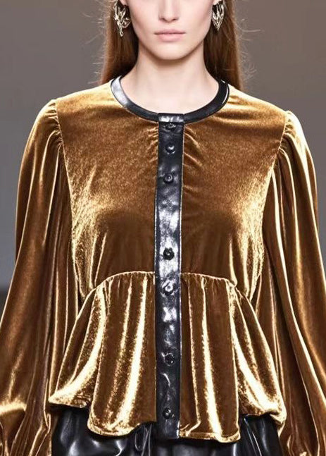 Golden O-neck Patchwork Silk Velour Tops Fall
