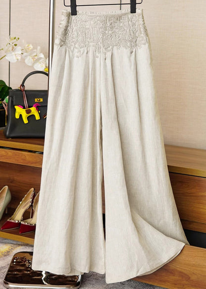 Apricot High Waist Embroidered Linen Wide Leg Pants Fall