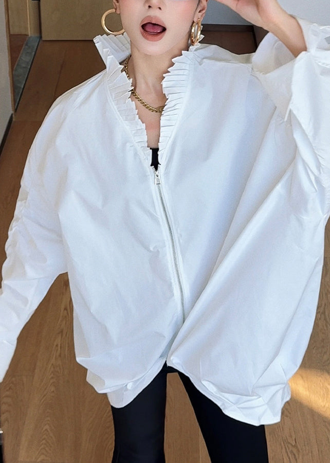 French White Stand Collar Cinched Patchwork Zippered Shirt Batwing Sleeve