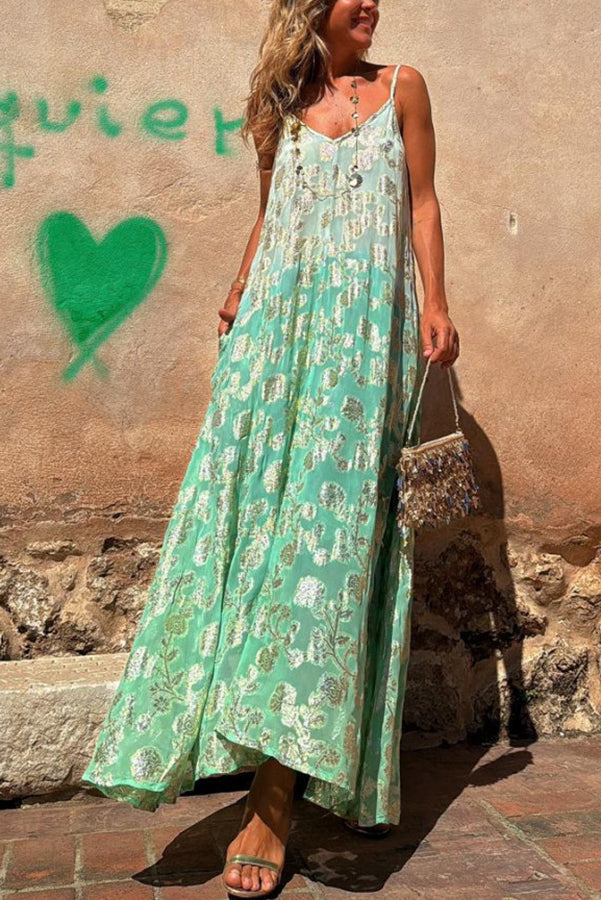 Bianca Tie Dye Gradient Flower Print Pocketed A-line Slip Maxi Dress