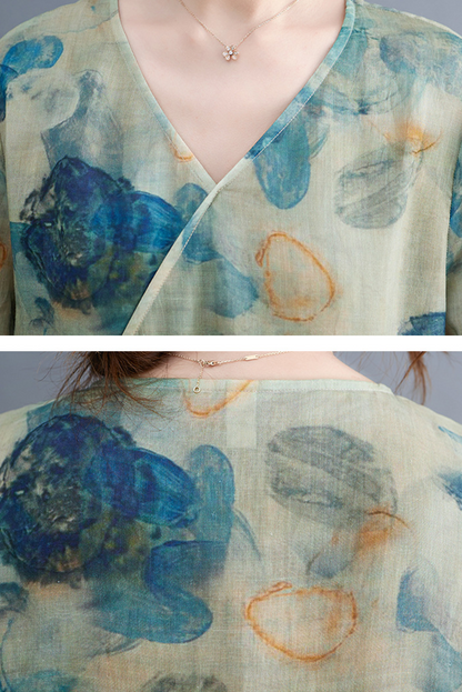 New Summer Blue Print Dress Ramie Short Sleeve Long Dress