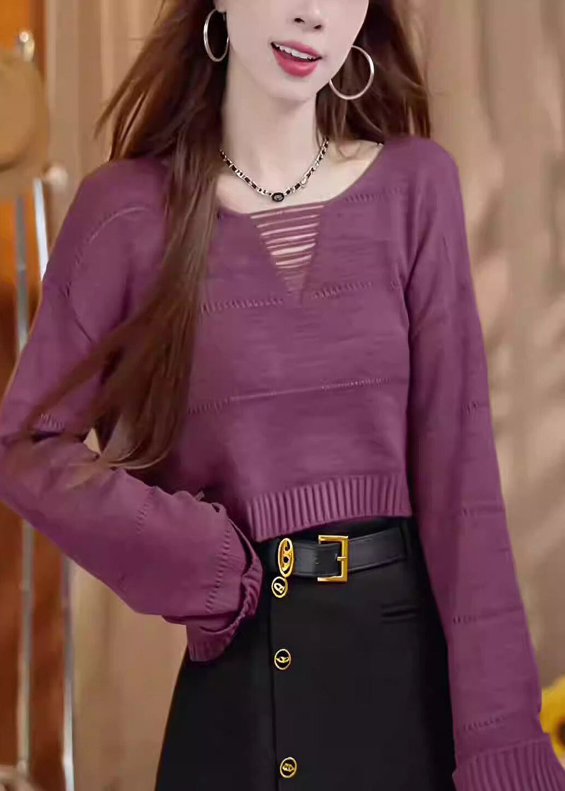 Purple O Neck Short Knit Pullover Long Sleeve