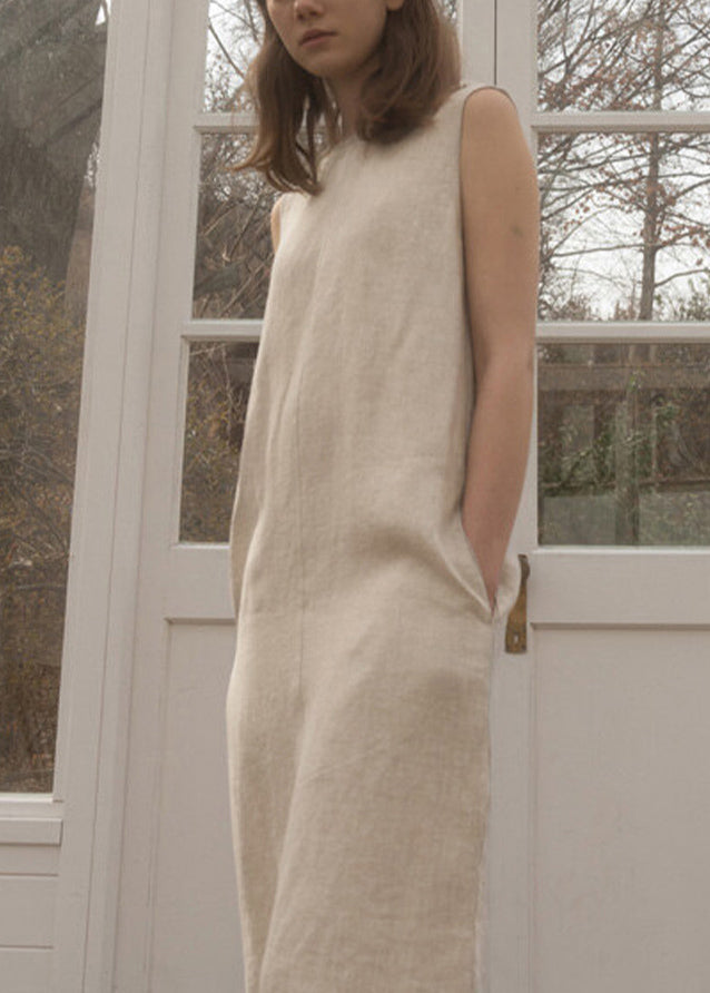 O Neck Pockets Simple Linen Long Dress Sleeveless