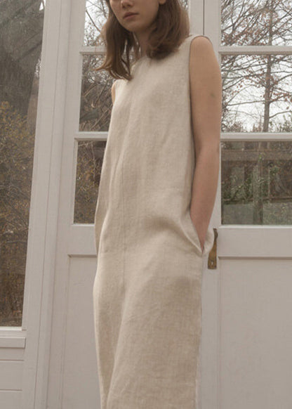 O Neck Pockets Simple Linen Long Dress Sleeveless