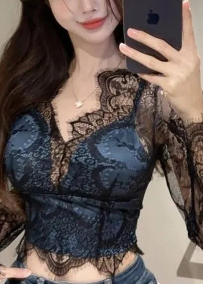 Black V Neck Hollow Out Lace Shirt Spring