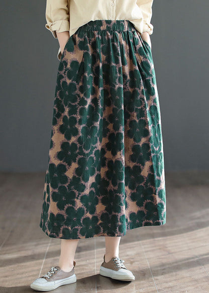 Green Wrinkled Pockets Print Patchwork Cotton Skirts Summer