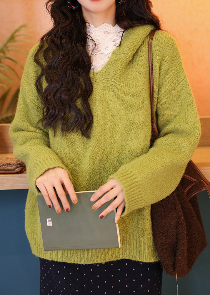 Green Hooded Loose Knit Sweaters Spring