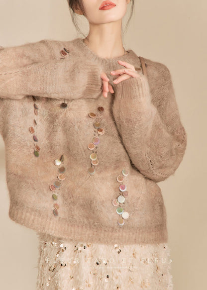 Camel O-neck Sequins Thick Cotton Knit Sweater Winter
