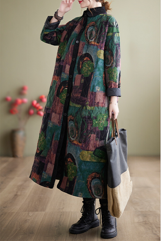 Winter Print Long Coat Warm Cotton Clothes