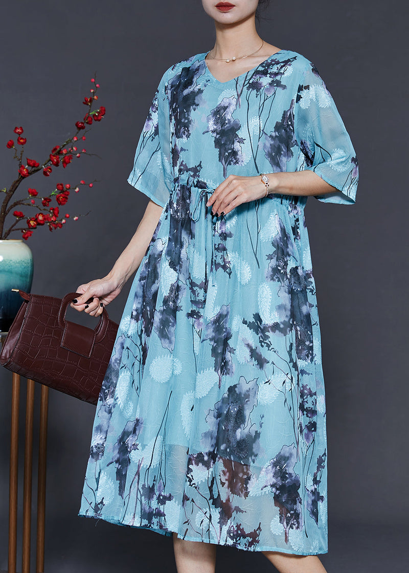 Blue Cinched Print Chiffon Long Dresses Summer