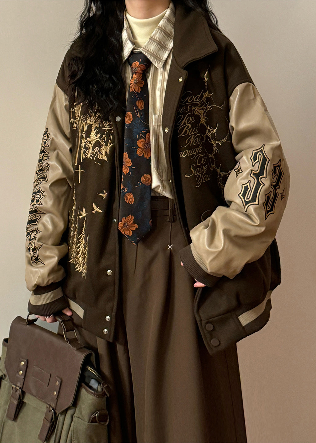 Coffee Embroidered Faux Leather Patchwork Cotton Filled Parkas Winter