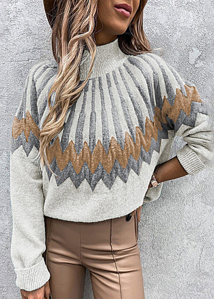 Stylish White Hign Neck Print Knit Short Sweater Fall