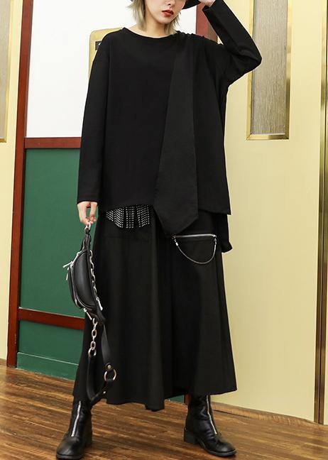 Asymmetric Cotton Linen Tops Black Shirts O Neck Patchwork