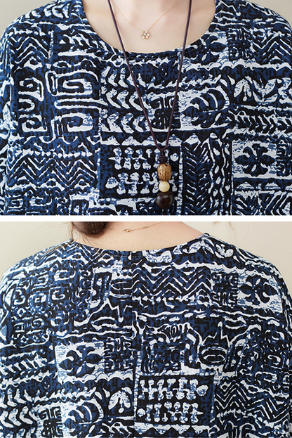 - New Cotton Linen Short Sleeve Dress Printed Long Dress