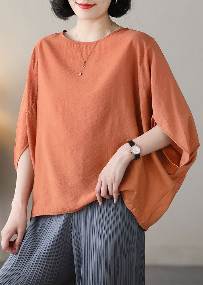 Orange Linen Loose Tank Top O-neck Batwing Sleeve